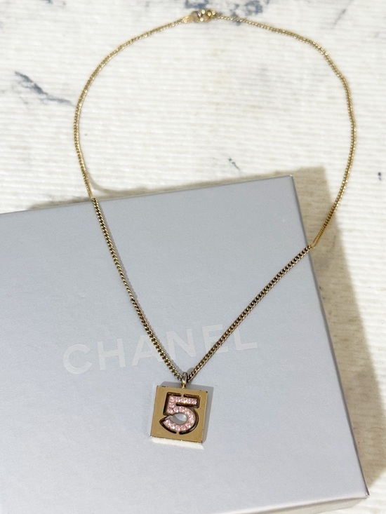 CHANEL Jewelry - Chanel Vintage 24K Gold Plated Pink No.5 Rhinestone Pendant Necklace